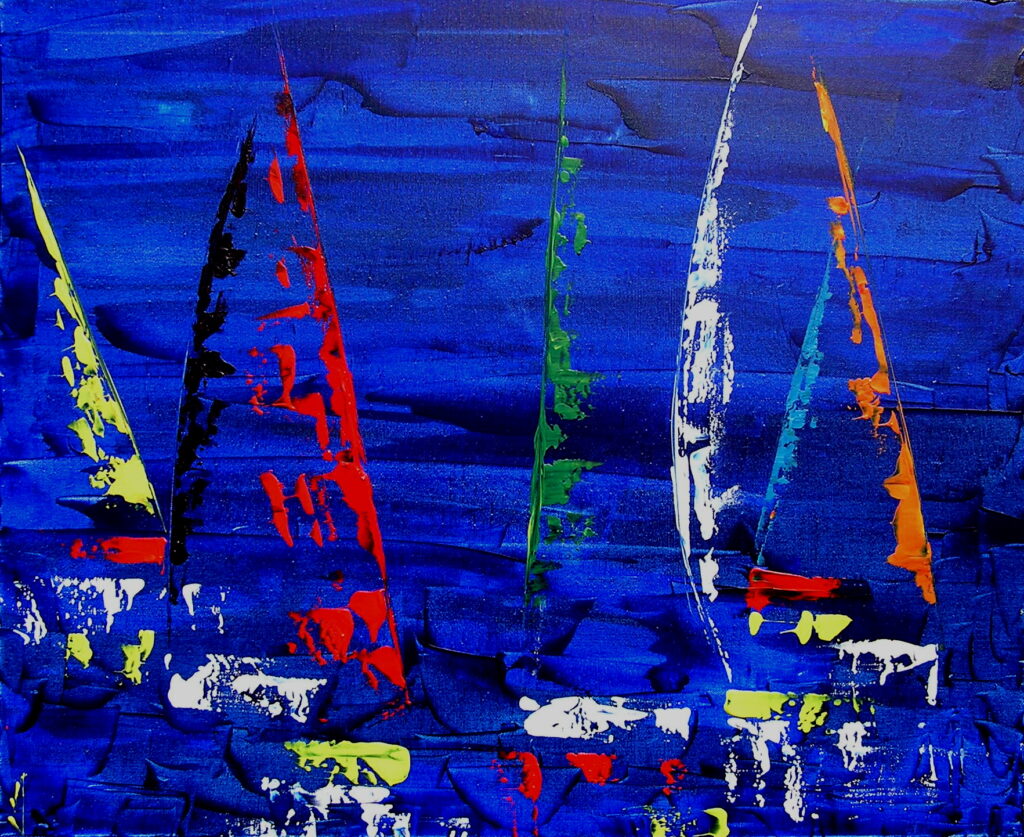 tableau en couleurs ,marine avec une régate de voiliers,peinture originale vendue par l artiste,oeuvre unique,acrylique sur toile,art abstrait,valerie jouve artiste peintre,bleu,jaune,rouge,vert,violet,orange,noir,blanc