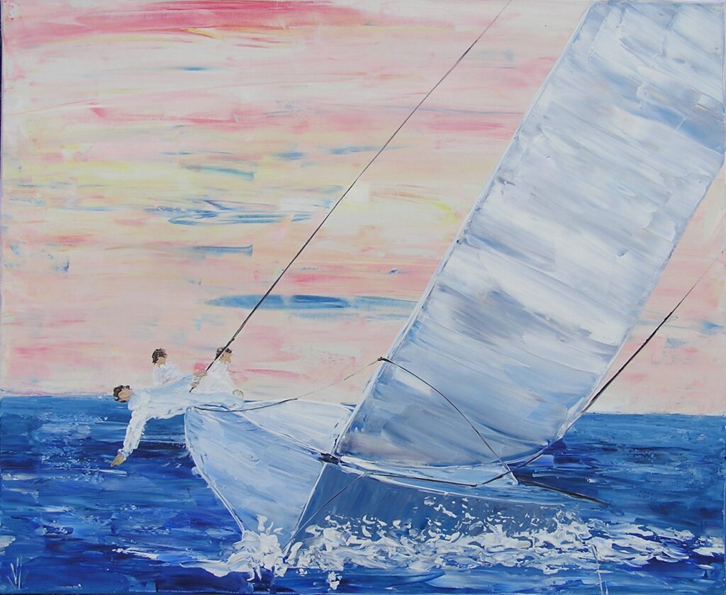 tableau avec des bateaux en couleurs ,marine, régate de voiliers,peinture originale vendue par l artiste,oeuvre unique,acrylique sur toile,art ,valerie jouve artiste peintre,bleu,jaune,rouge,vert,violet,orange,noir,blanc
