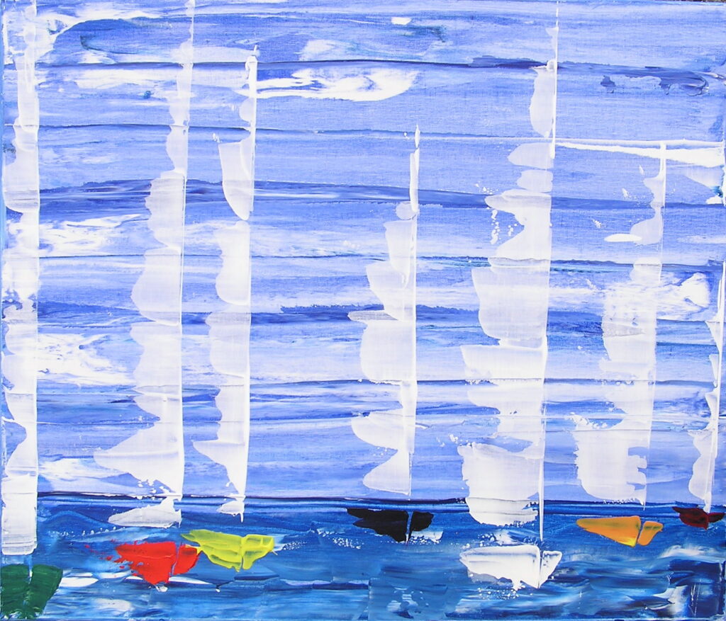 tableau en couleurs ,marine avec une régate de voiliers,peinture originale vendue par l artiste,oeuvre unique,acrylique sur toile,art abstrait,valerie jouve artiste peintre,bleu,jaune,rouge,vert,violet,orange,noir,blanc