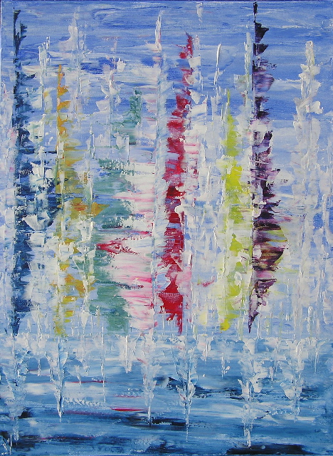 tableau en couleurs ,marine avec une régate de voiliers,peinture originale vendue par l artiste,oeuvre unique,acrylique sur toile,art abstrait,valerie jouve artiste peintre,bleu,jaune,rouge,vert,violet,orange,noir,blanc