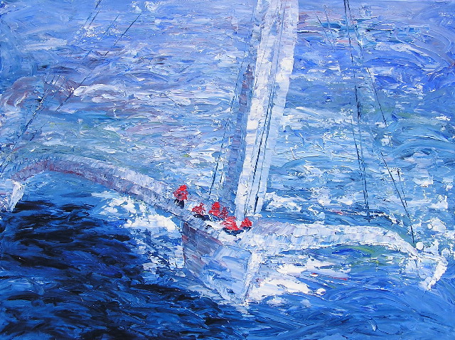 tableau avec des bateaux en couleurs ,marin trimaran, régate de voiliers,peinture originale vendue par l artiste,oeuvre unique,acrylique sur toile,art ,valerie jouve artiste peintre,bleu,jaune,rouge,vert,violet,orange,noir,blanc