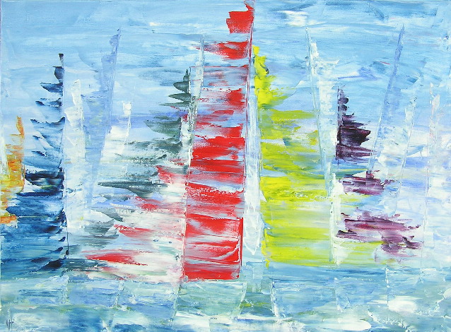 tableau en couleurs ,marine avec une régate de voiliers,peinture originale vendue par l artiste,oeuvre unique,acrylique sur toile,art abstrait,valerie jouve artiste peintre,bleu,jaune,rouge,vert,violet,orange,noir,blanc
