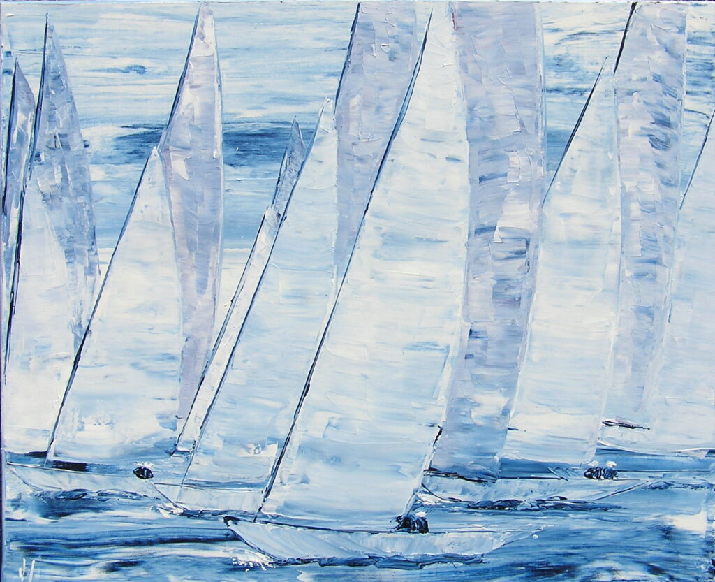 tableau avec des bateaux en couleurs ,marine, régate de voiliers,peinture originale vendue par l artiste,oeuvre unique,acrylique sur toile,art ,valerie jouve artiste peintre,bleu,jaune,rouge,vert,violet,orange,noir,blanc