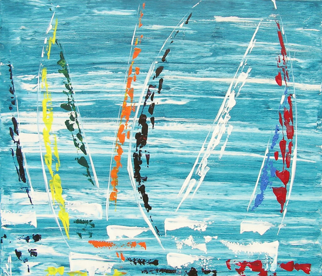 tableau en couleurs ,marine avec une régate de voiliers,peinture originale vendue par l artiste,oeuvre unique,acrylique sur toile,art abstrait,valerie jouve artiste peintre,bleu,jaune,rouge,vert,violet,orange,noir,blanc