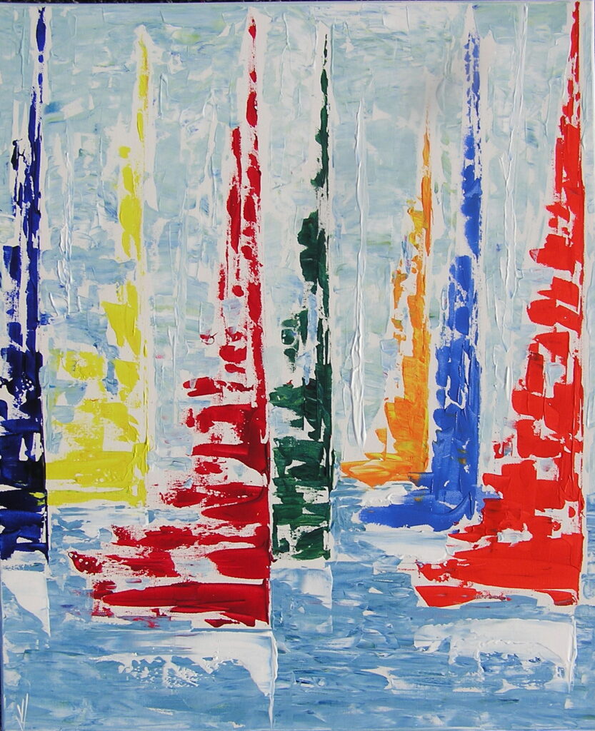 tableau en couleurs ,marine avec une régate de voiliers,peinture originale vendue par l artiste,oeuvre unique,acrylique sur toile,art abstrait,valerie jouve artiste peintre,bleu,jaune,rouge,vert,violet,orange,noir,blanc