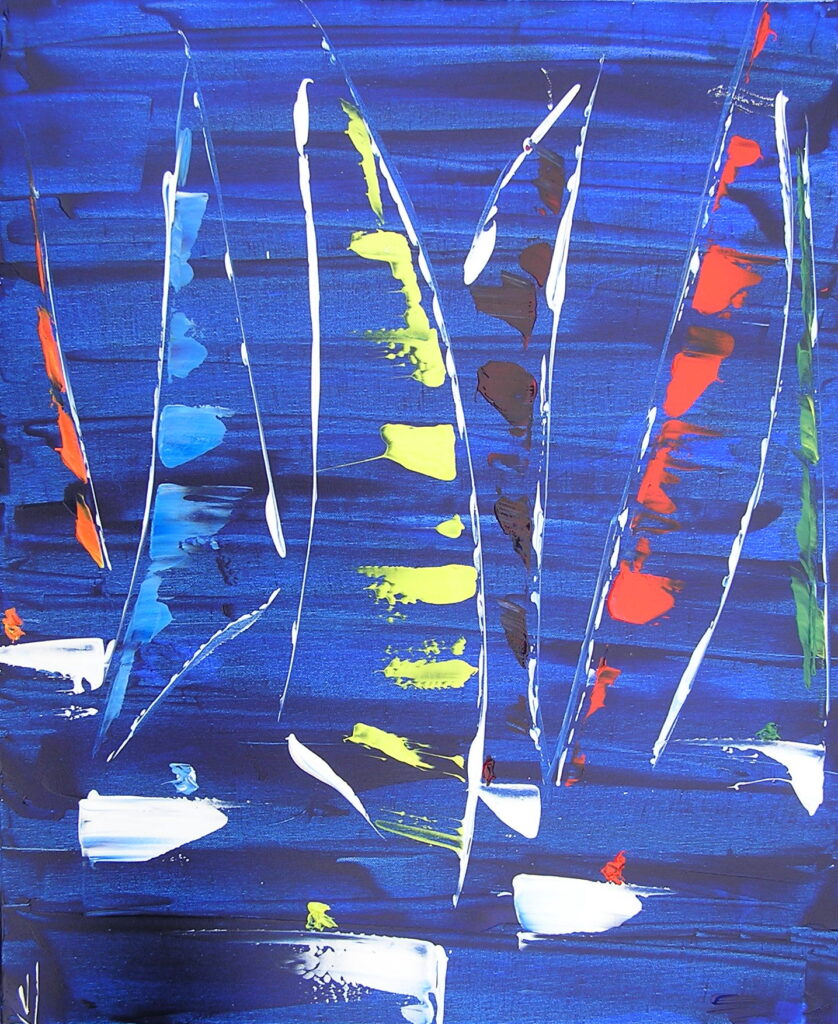 tableau en couleurs ,marine avec une régate de voiliers,peinture originale vendue par l artiste,oeuvre unique,acrylique sur toile,art abstrait,valerie jouve artiste peintre,bleu,jaune,rouge,vert,violet,orange,noir,blanc
