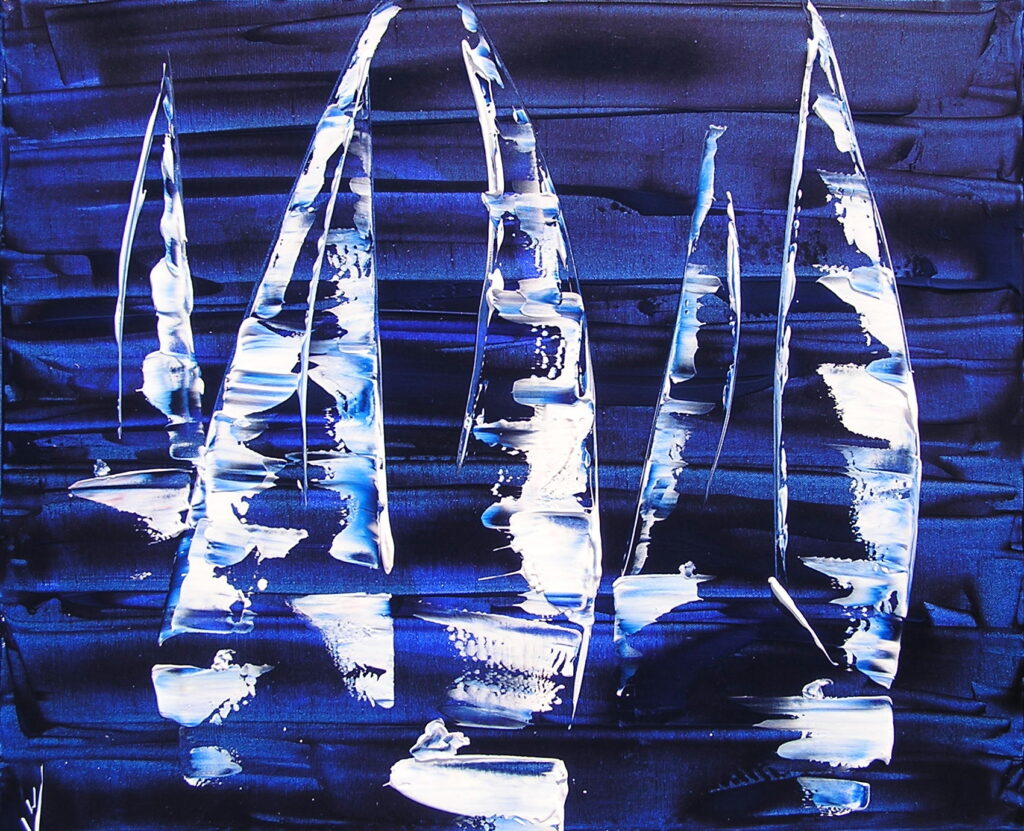 tableau en couleurs ,marine avec une régate de voiliers,peinture originale vendue par l artiste,oeuvre unique,acrylique sur toile,art abstrait,valerie jouve artiste peintre,bleu,blanc