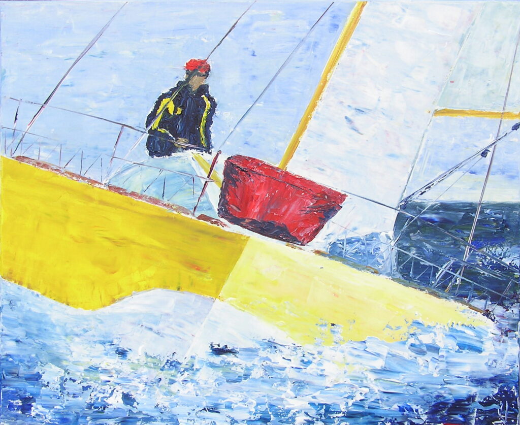 tableau avec des bateaux en couleurs ,marine, régate de voiliers,peinture originale vendue par l artiste,oeuvre unique,acrylique sur toile,art ,valerie jouve artiste peintre,bleu,jaune,rouge,vert,violet,orange,noir,blanc