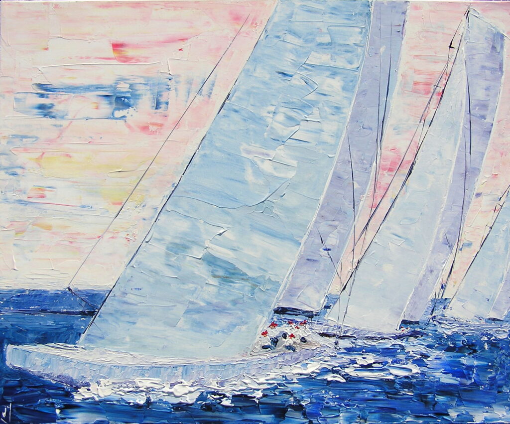 tableau avec des bateaux en couleurs ,marine, régate de voiliers,peinture originale vendue par l artiste,oeuvre unique,acrylique sur toile,art ,valerie jouve artiste peintre,bleu,jaune,rouge,vert,violet,orange,noir,blanc