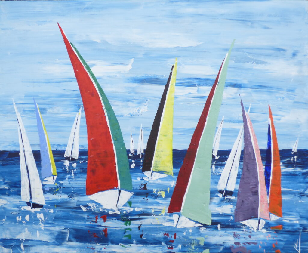 tableau avec des bateaux en couleurs ,marine, régate de voiliers,peinture originale vendue par l artiste,oeuvre unique,acrylique sur toile,art ,valerie jouve artiste peintre,bleu,jaune,rouge,vert,violet,orange,noir,blanc