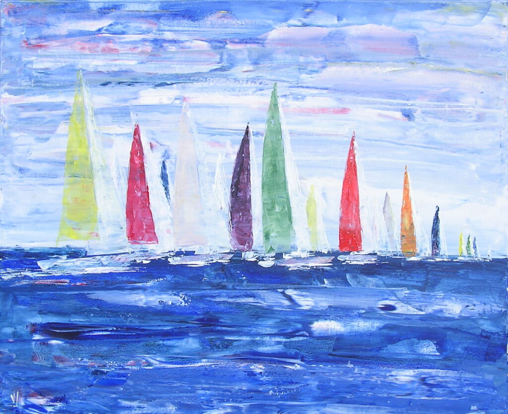 tableau en couleurs ,marine avec une régate de voiliers,peinture originale vendue par l artiste,oeuvre unique,acrylique sur toile,art abstrait,valerie jouve artiste peintre,bleu,jaune,rouge,vert,violet,orange,noir,blanc