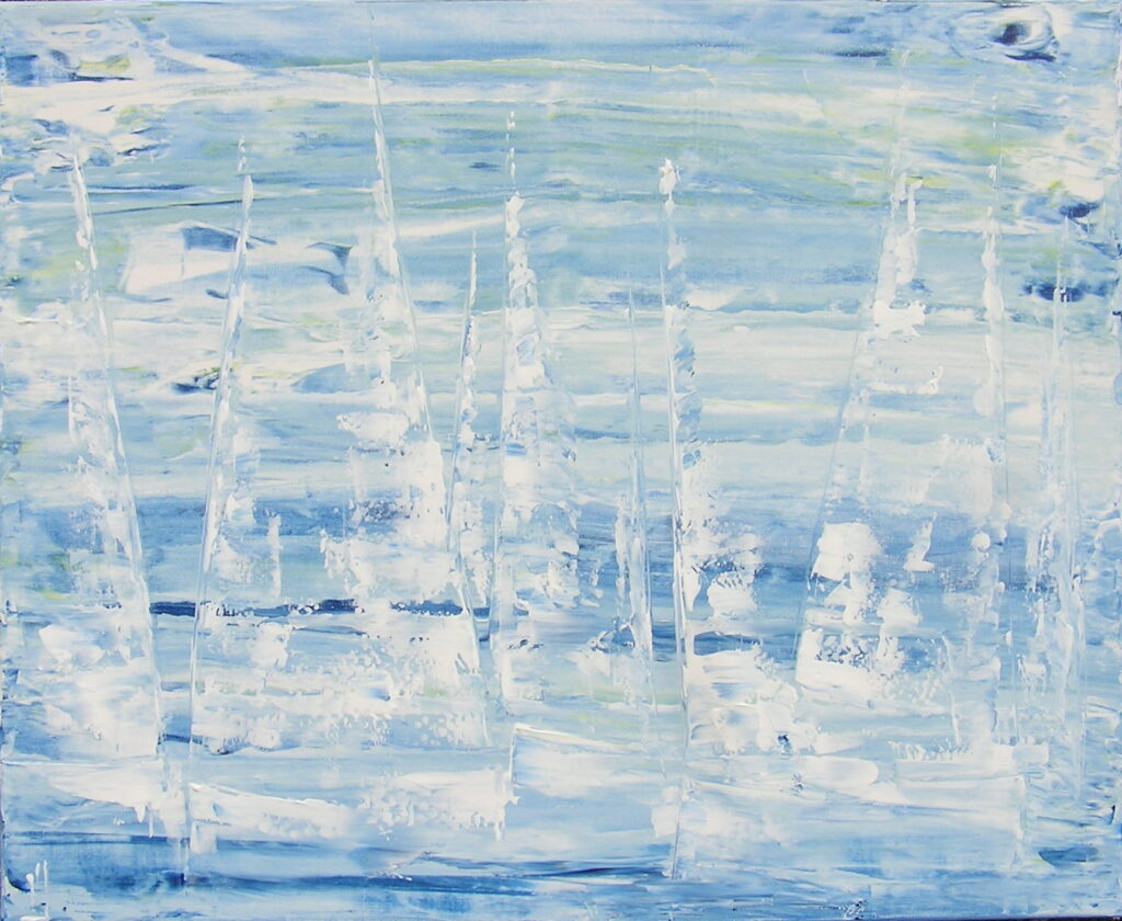 tableau en couleurs ,marine avec une régate de voiliers,peinture originale vendue par l artiste,oeuvre unique,acrylique sur toile,art abstrait,valerie jouve artiste peintre,bleu,blanc