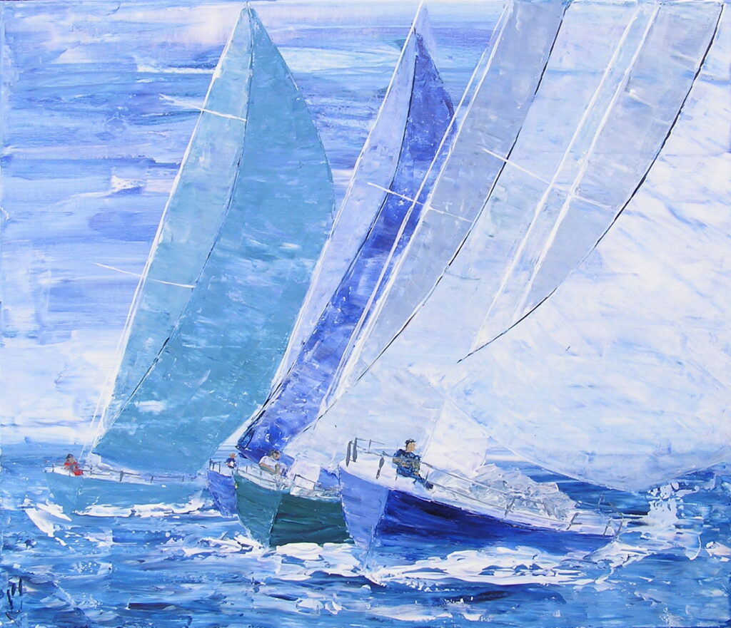 tableau avec des bateaux en couleurs ,marine, régate de voiliers,peinture originale vendue par l artiste,oeuvre unique,acrylique sur toile,art ,valerie jouve artiste peintre,bleu,jaune,rouge,vert,violet,orange,noir,blanc