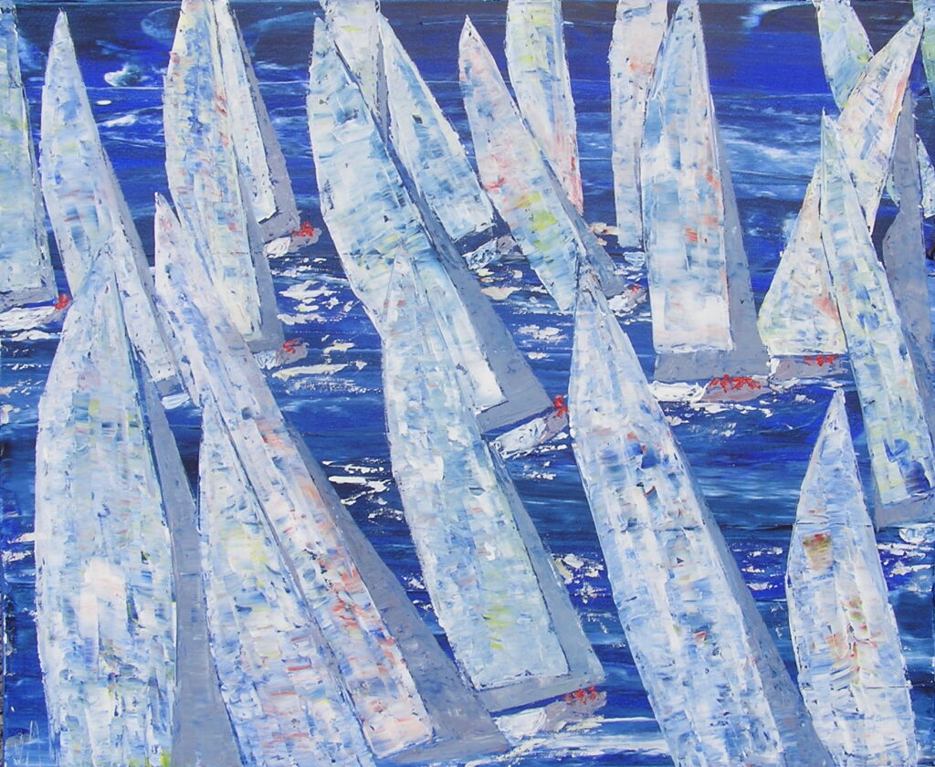 tableau avec des bateaux en couleurs ,marine, régate de voiliers,peinture originale vendue par l artiste,oeuvre unique,acrylique sur toile,art ,valerie jouve artiste peintre,bleu,jaune,rouge,vert,violet,orange,noir,blanc