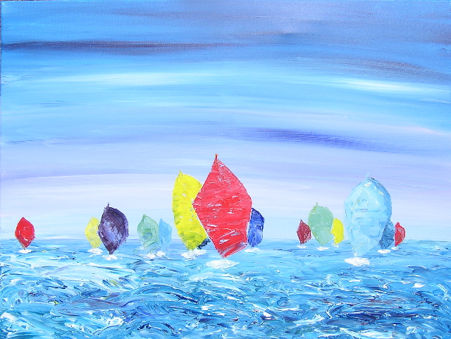 tableau en couleurs ,marine avec une régate de voiliers,peinture originale vendue par l artiste,oeuvre unique,acrylique sur toile,art abstrait,valerie jouve artiste peintre,bleu,jaune,rouge,vert,violet,orange,noir,blanc