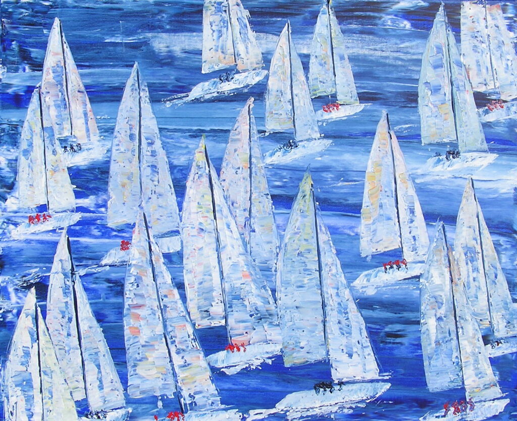 tableau avec des bateaux en couleurs ,marine, régate de voiliers,peinture originale vendue par l artiste,oeuvre unique,acrylique sur toile,art ,valerie jouve artiste peintre,bleu,jaune,rouge,vert,violet,orange,noir,blanc