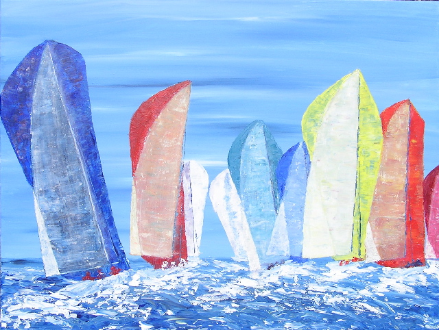 tableau avec des bateaux en couleurs ,marine, régate de voiliers,peinture originale vendue par l artiste,oeuvre unique,acrylique sur toile,art ,valerie jouve artiste peintre,bleu,jaune,rouge,vert,violet,orange,noir,blanc