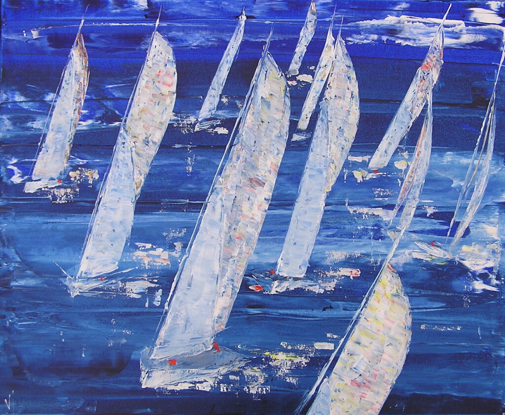 tableau avec des bateaux en couleurs ,marine, régate de voiliers,peinture originale vendue par l artiste,oeuvre unique,acrylique sur toile,art ,valerie jouve artiste peintre,bleu,jaune,rouge,vert,violet,orange,noir,blanc