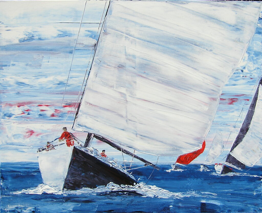 tableau avec des bateaux en couleurs ,marine, régate de voiliers,peinture originale vendue par l artiste,oeuvre unique,acrylique sur toile,art ,valerie jouve artiste peintre,bleu,jaune,rouge,vert,violet,orange,noir,blanc