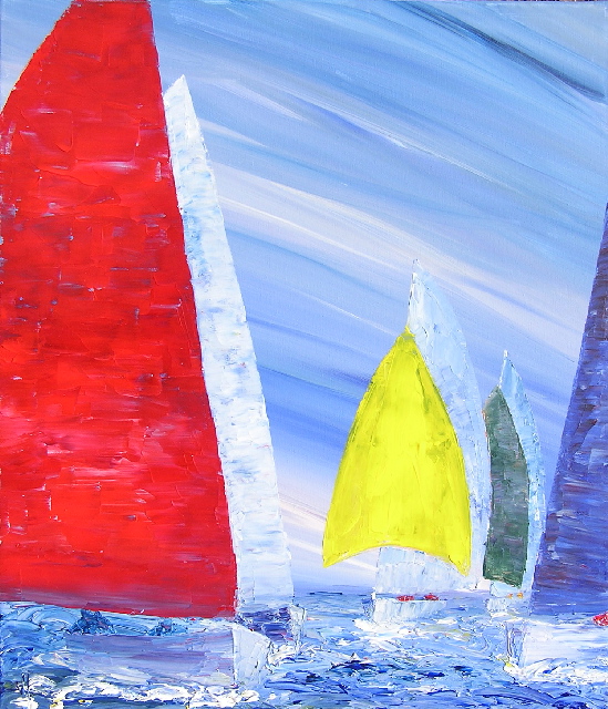 tableau avec des bateaux en couleurs ,marine, régate de voiliers,peinture originale vendue par l artiste,oeuvre unique,acrylique sur toile,art ,valerie jouve artiste peintre,bleu,jaune,rouge,vert,violet,orange,noir,blanc
