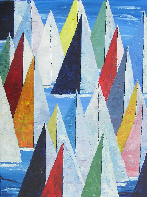 tableau en couleurs ,marine avec une régate de voiliers,peinture originale vendue par l artiste,oeuvre unique,acrylique sur toile,art abstrait,valerie jouve artiste peintre,bleu,jaune,rouge,vert,violet,orange,noir,blanc