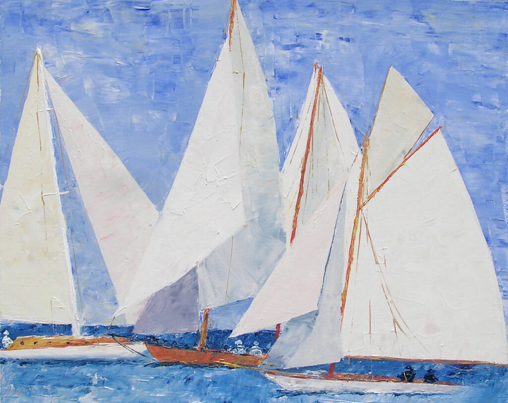 tableau avec des bateaux en couleurs ,marine, régate de voiliers,peinture originale vendue par l artiste,oeuvre unique,acrylique sur toile,art ,valerie jouve artiste peintre,bleu,jaune,rouge,vert,violet,orange,noir,blanc