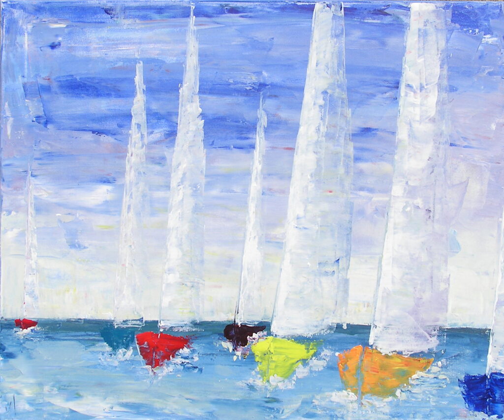 tableau en couleurs ,marine avec une régate de voiliers,peinture originale vendue par l artiste,oeuvre unique,acrylique sur toile,art abstrait,valerie jouve artiste peintre,bleu,jaune,rouge,vert,violet,orange,noir,blanc
