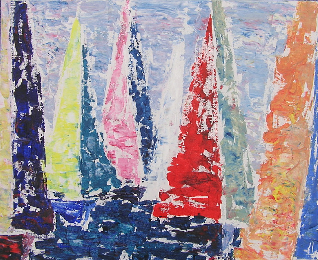 tableau en couleurs ,marine avec une régate de voiliers,peinture originale vendue par l artiste,oeuvre unique,acrylique sur toile,art abstrait,valerie jouve artiste peintre,bleu,jaune,rouge,vert,violet,orange,noir,blanc