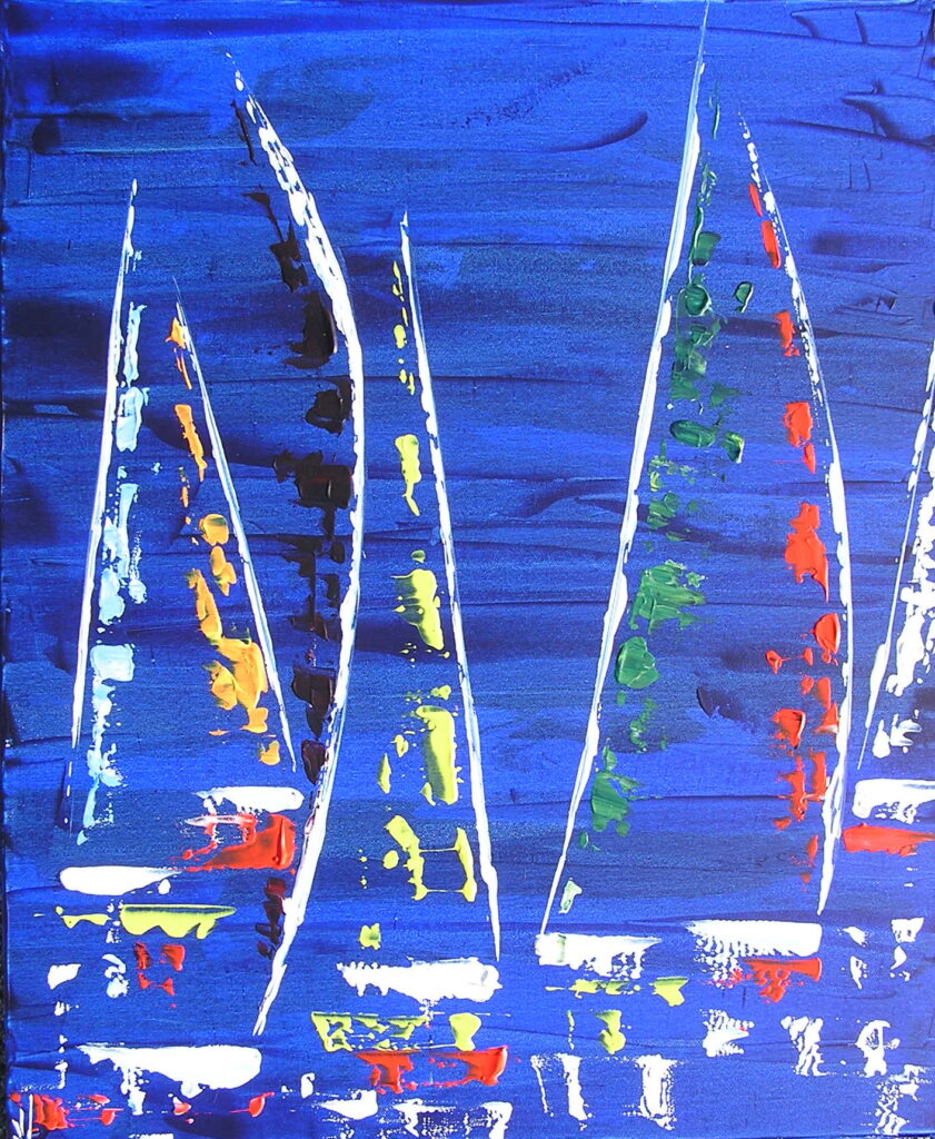 tableau en couleurs ,marine avec une régate de voiliers,peinture originale vendue par l artiste,oeuvre unique,acrylique sur toile,art abstrait,valerie jouve artiste peintre,bleu,jaune,rouge,vert,violet,orange,noir,blanc