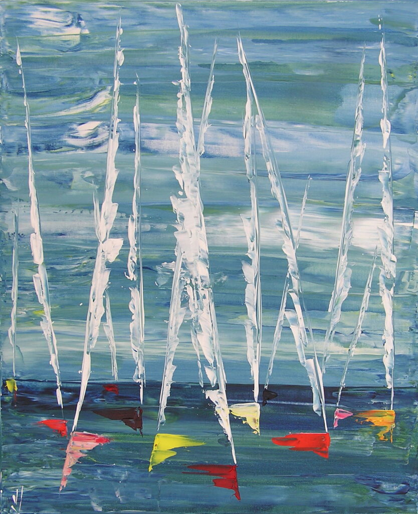 tableau en couleurs ,marine avec une régate de voiliers,peinture originale vendue par l artiste,oeuvre unique,acrylique sur toile,art abstrait,valerie jouve artiste peintre,bleu,jaune,rouge,vert,violet,orange,noir,blanc