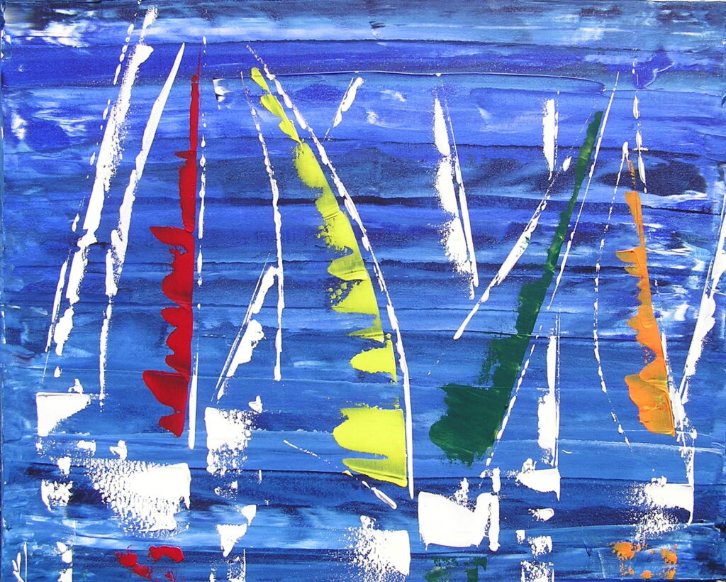 tableau en couleurs ,marine avec une régate de voiliers,peinture originale vendue par l artiste,oeuvre unique,acrylique sur toile,art abstrait,valerie jouve artiste peintre,bleu,jaune,rouge,vert,violet,orange,noir,blanc