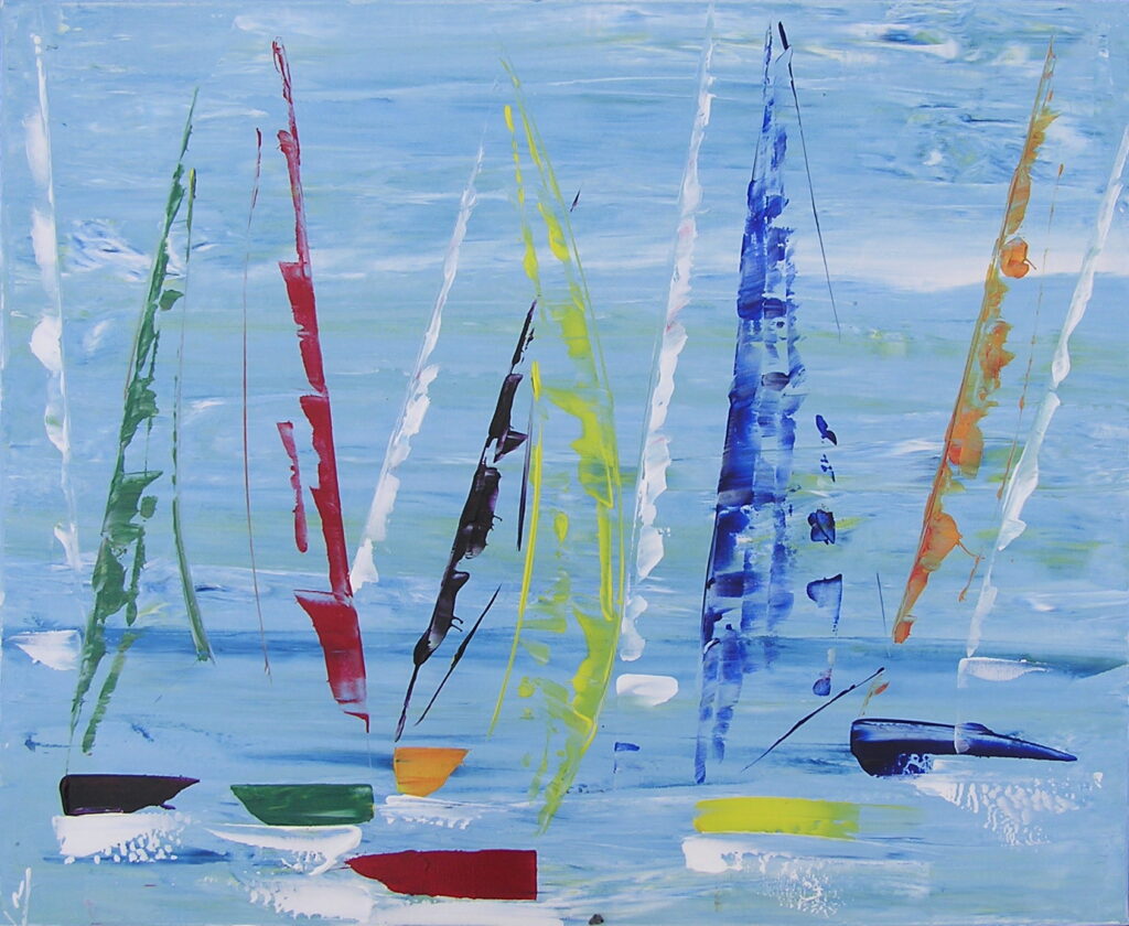 tableau en couleurs ,marine avec une régate de voiliers,peinture originale vendue par l artiste,oeuvre unique,acrylique sur toile,art abstrait,valerie jouve artiste peintre,bleu,jaune,rouge,vert,violet,orange,noir,blanc