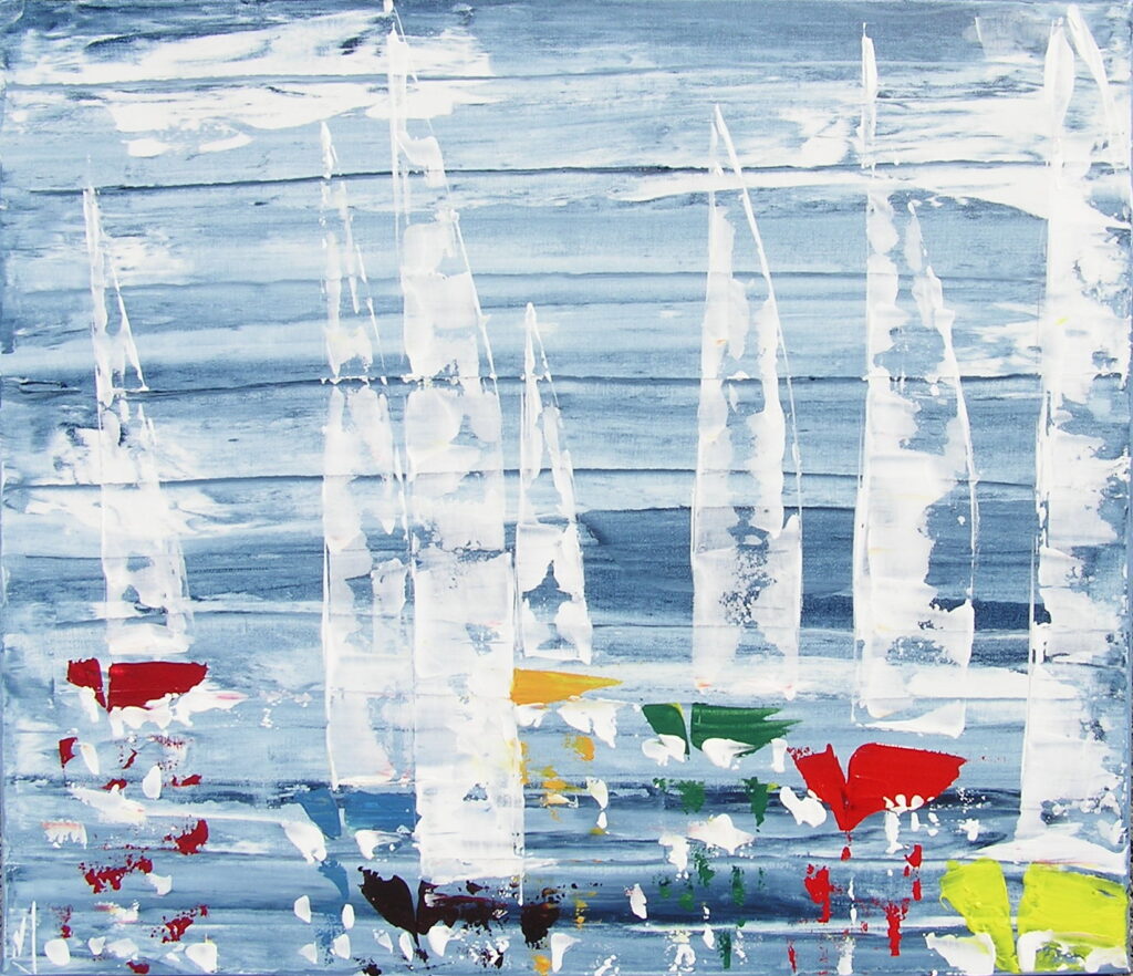tableau en couleurs ,marine avec une régate de voiliers,peinture originale vendue par l artiste,oeuvre unique,acrylique sur toile,art abstrait,valerie jouve artiste peintre,bleu,jaune,rouge,vert,violet,orange,noir,blanc