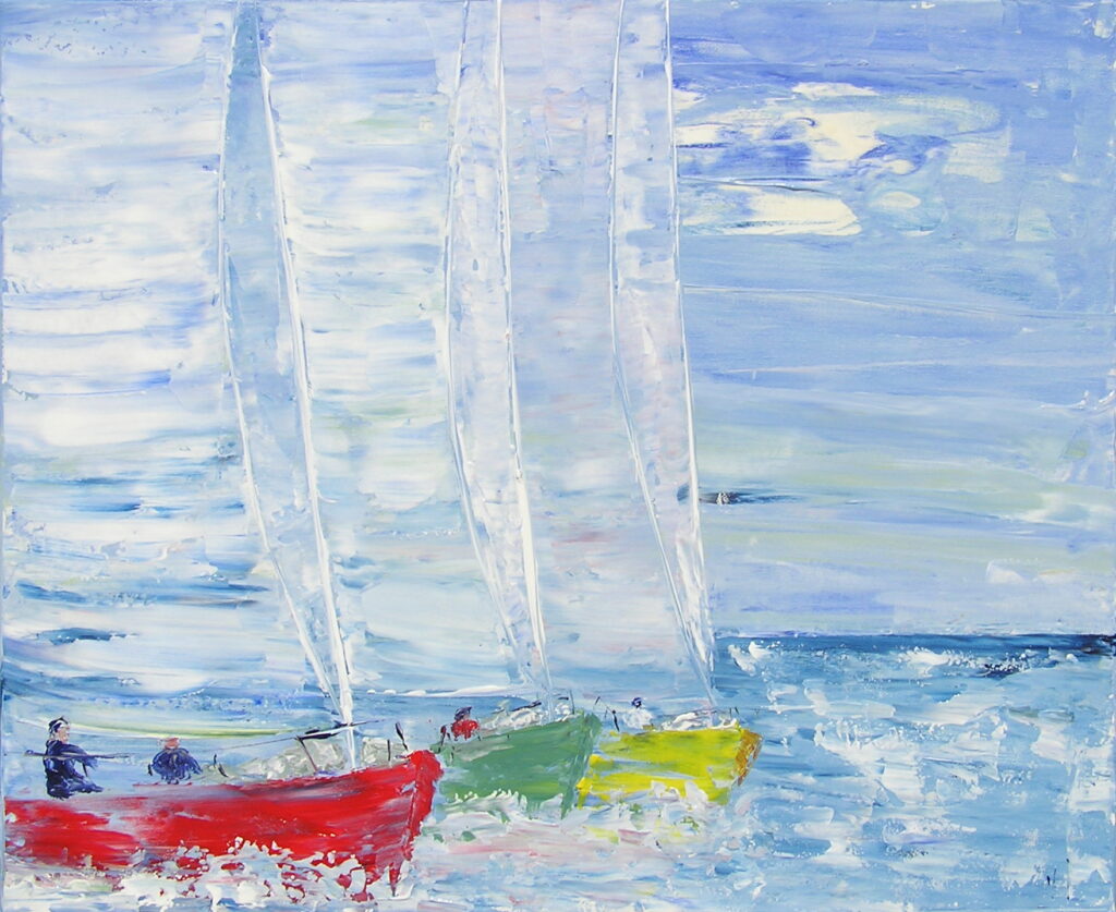 tableau avec des bateaux en couleurs ,marine, régate de voiliers,peinture originale vendue par l artiste,oeuvre unique,acrylique sur toile,art ,valerie jouve artiste peintre,bleu,jaune,rouge,vert,violet,orange,noir,blanc