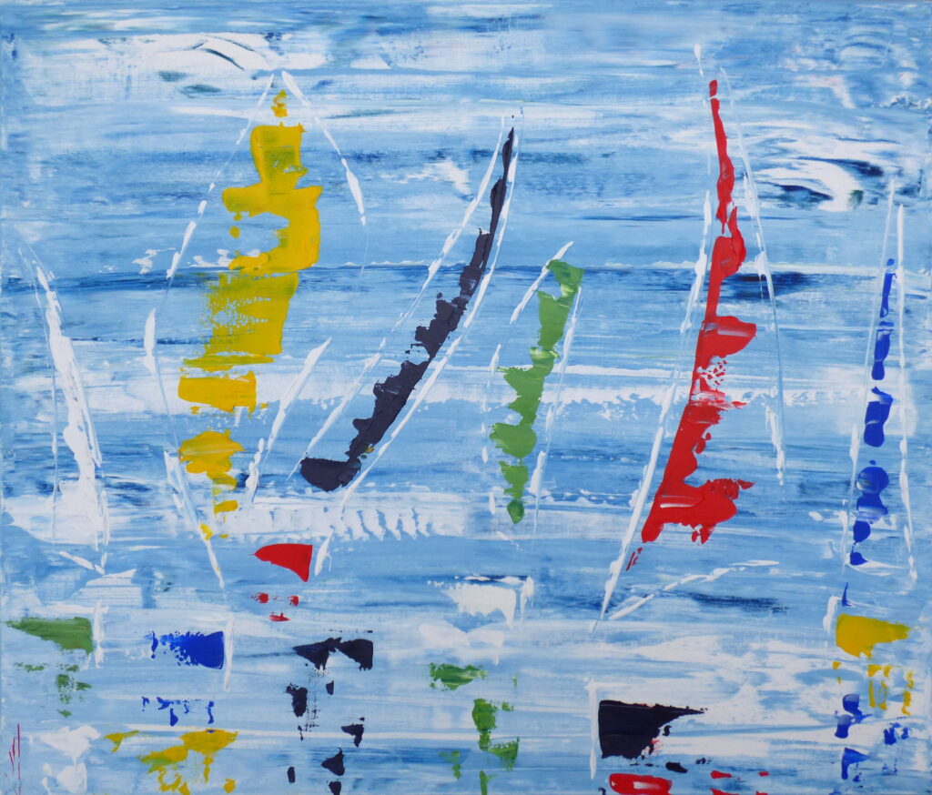 tableau en couleurs ,marine avec une régate de voiliers,peinture originale vendue par l artiste,oeuvre unique,acrylique sur toile,art abstrait,valerie jouve artiste peintre,bleu,jaune,rouge,vert,violet,orange,noir,blanc