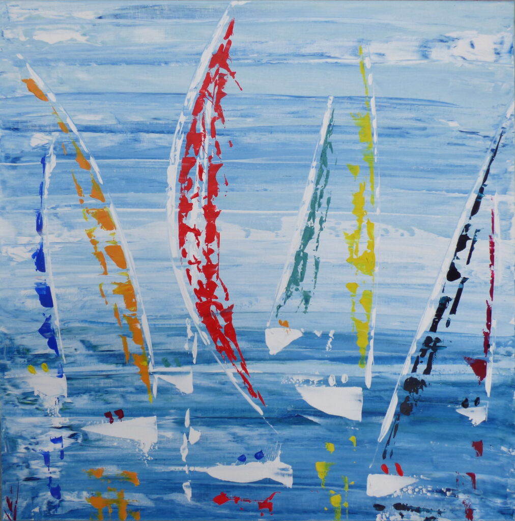 tableau en couleurs ,marine avec une régate de voiliers,peinture originale vendue par l artiste,oeuvre unique,acrylique sur toile,art abstrait,valerie jouve artiste peintre,bleu,jaune,rouge,vert,violet,orange,noir,blanc
