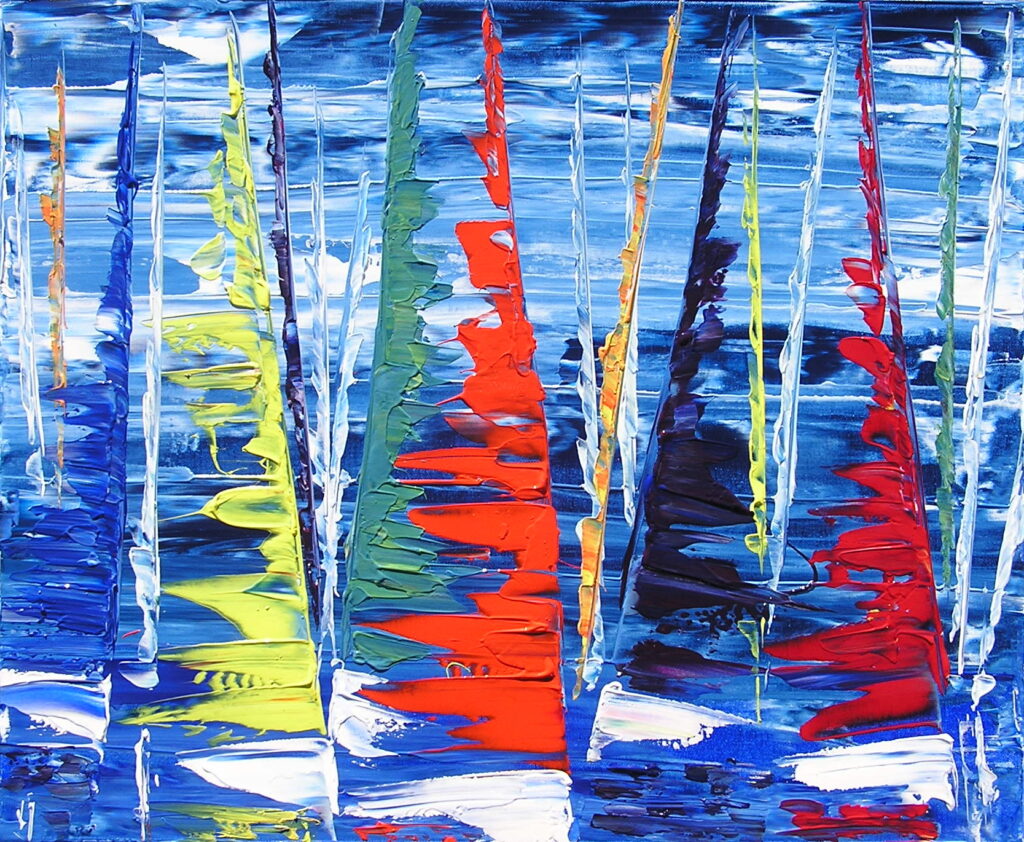 tableau en couleurs ,marine avec une régate de voiliers,peinture originale vendue par l artiste,oeuvre unique,acrylique sur toile,art abstrait,valerie jouve artiste peintre,bleu,jaune,rouge,vert,violet,orange,noir,blanc