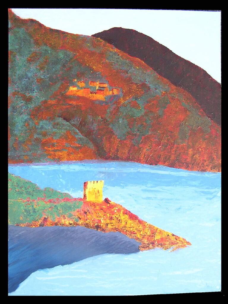 tableau en couleurs ,peinture originale vendue par l artiste,oeuvre unique,acrylique sur toile,marine,paysage de corse, ,valerie jouve artiste peintre,bleu,jaune,rouge,vert,violet,orange,noir,blanc