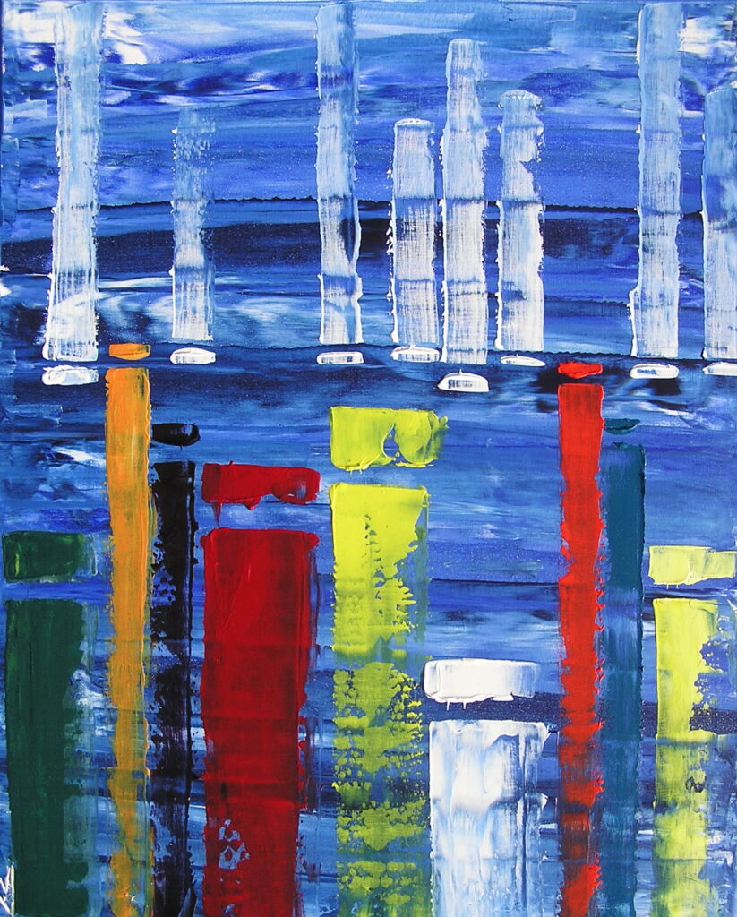 tableau en couleurs ,marine avec une régate de voiliers,peinture originale vendue par l artiste,oeuvre unique,acrylique sur toile,art abstrait,valerie jouve artiste peintre,bleu,jaune,rouge,vert,violet,orange,noir,blanc