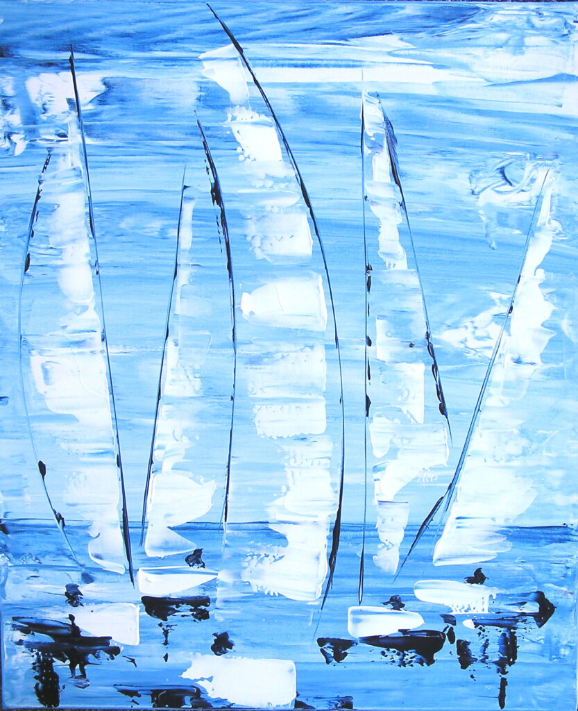tableau en couleurs ,marine avec une régate de voiliers,peinture originale vendue par l artiste,oeuvre unique,acrylique sur toile,art abstrait,valerie jouve artiste peintre,bleu,jaune,rouge,vert,violet,orange,noir,blanc
