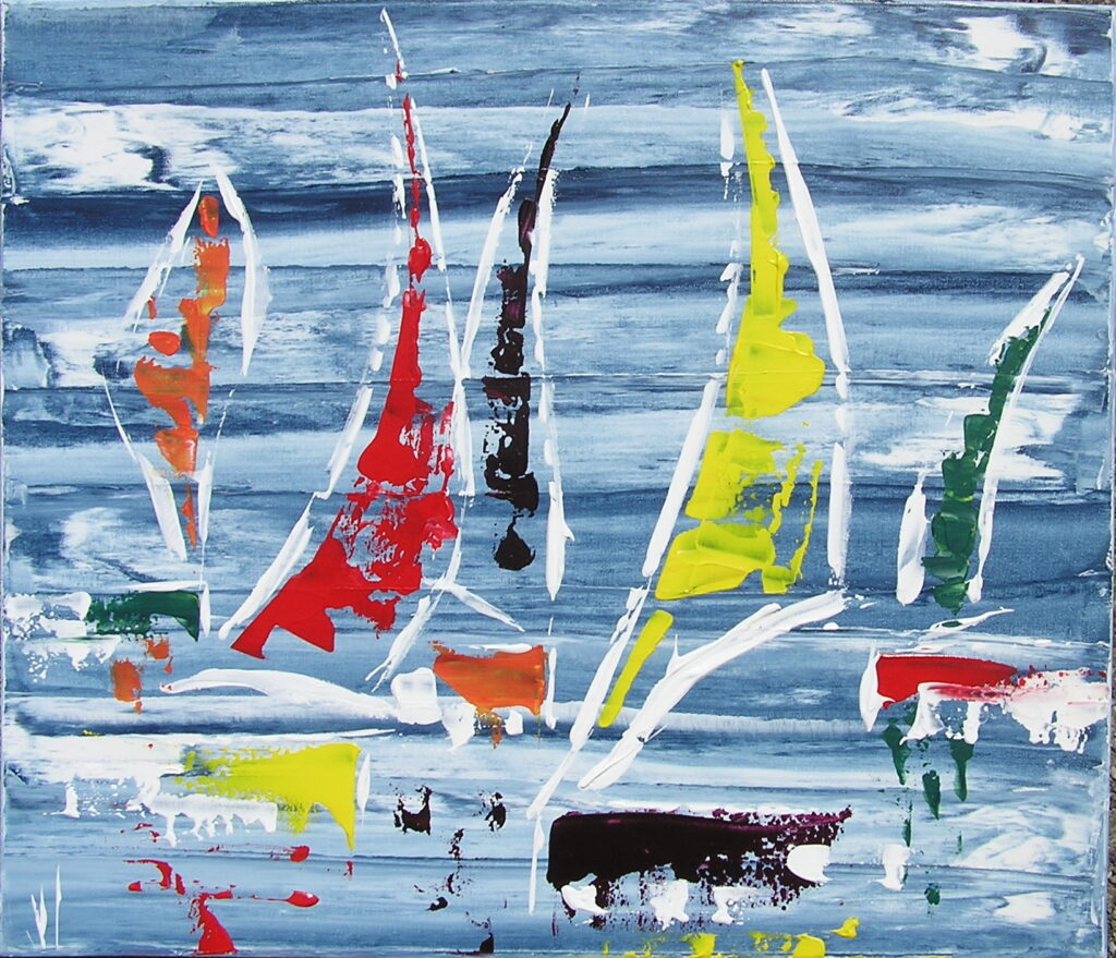 tableau en couleurs ,marine avec une régate de voiliers,peinture originale vendue par l artiste,oeuvre unique,acrylique sur toile,art abstrait,valerie jouve artiste peintre,bleu,jaune,rouge,vert,violet,orange,noir,blanc
