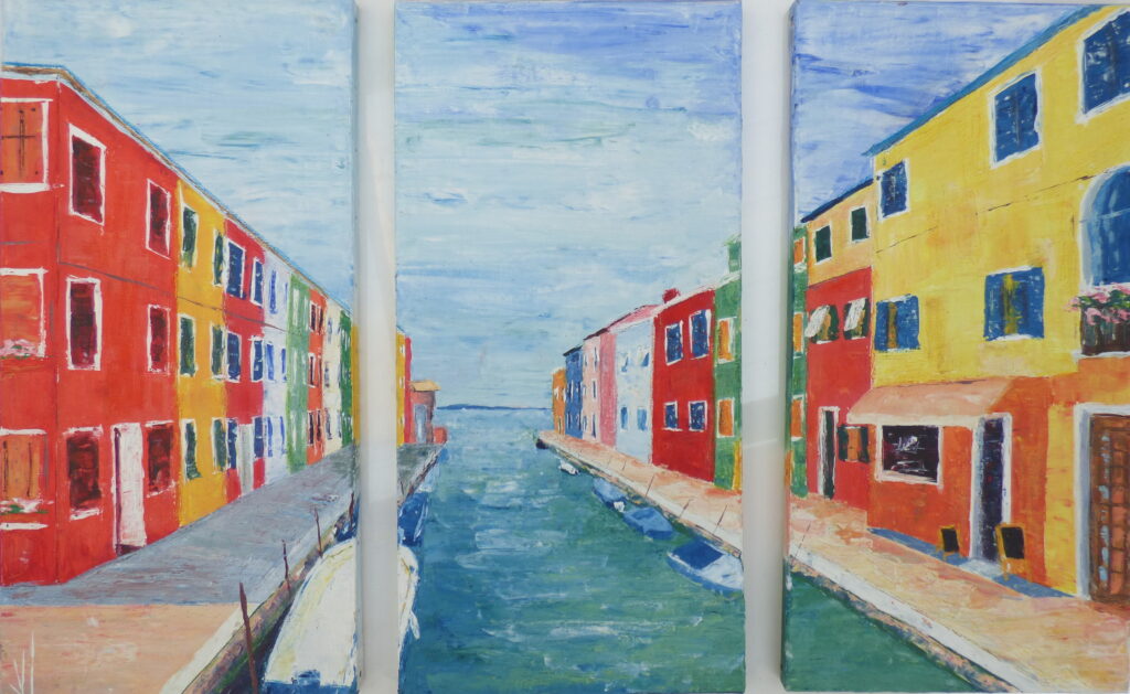 tableau en couleurs ,peinture originale vendue par l artiste,oeuvre unique,acrylique sur toile,marine,paysage de venise burano, ,valerie jouve artiste peintre,bleu,jaune,rouge,vert,violet,orange,noir,blanc
