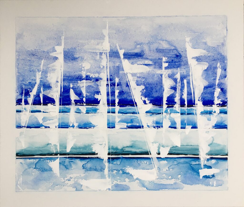 tableau en couleurs ,marine avec des une régate de voiliers,peinture originale vendue par l artiste,oeuvre unique,acrylique sur toile,art abstrait,valerie jouve artiste peintre,bleu,jaune,rouge,vert,violet,orange,noir,blanc