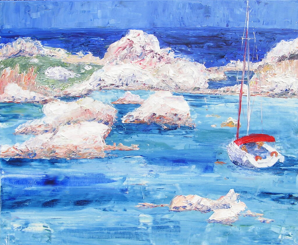 tableau en couleurs ,peinture originale vendue par l artiste,oeuvre unique,acrylique sur toile,marine,paysage de corse, ,valerie jouve artiste peintre,bleu,jaune,rouge,vert,violet,orange,noir,blanc