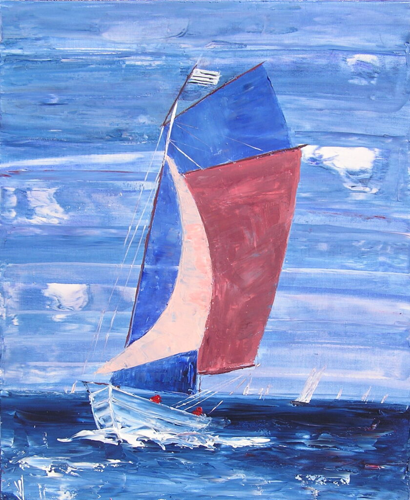 tableau en couleurs ,marine avec des une régate de voiliers,peinture originale vendue par l artiste,oeuvre unique,acrylique sur toile,art abstrait,valerie jouve artiste peintre,bleu,jaune,rouge,vert,violet,orange,noir,blanc