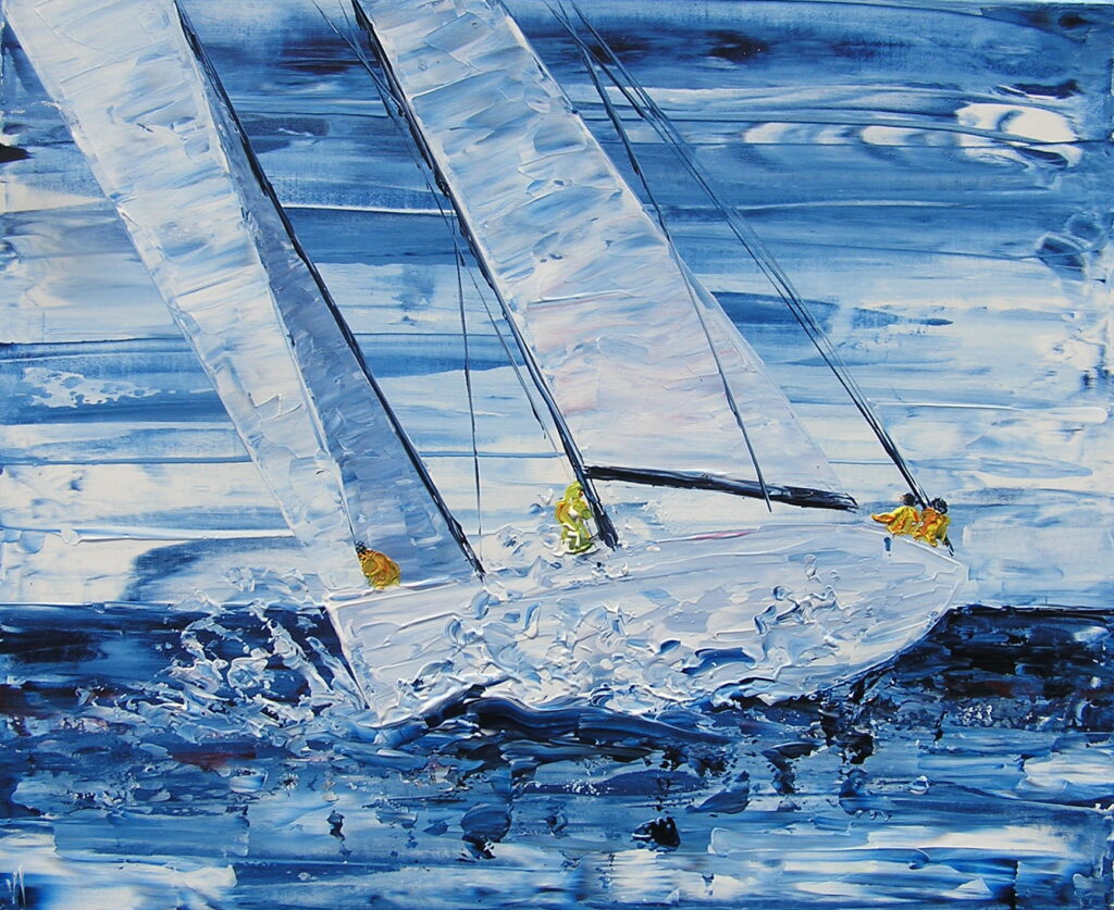 tableau avec des bateaux en couleurs ,marine, régate de voiliers,peinture originale vendue par l artiste,oeuvre unique,acrylique sur toile,art ,valerie jouve artiste peintre,bleu,jaune,rouge,vert,violet,orange,noir,blanc