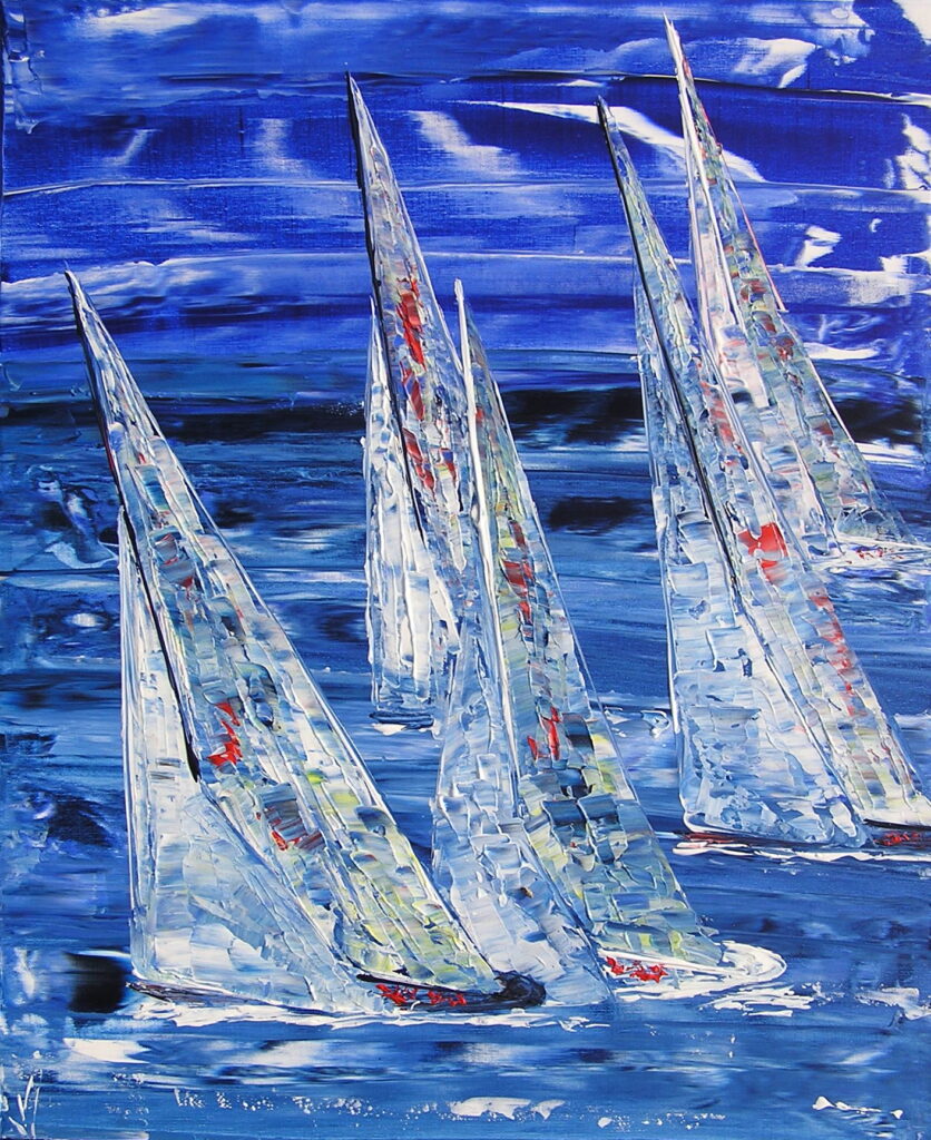 tableau avec des bateaux en couleurs ,marine, régate de voiliers,peinture originale vendue par l artiste,oeuvre unique,acrylique sur toile,art ,valerie jouve artiste peintre,bleu,jaune,rouge,vert,violet,orange,noir,blanc