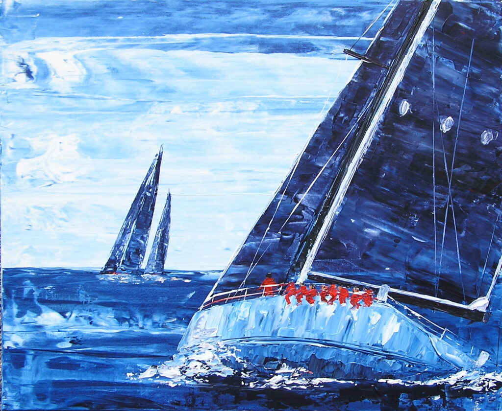 tableau avec des bateaux en couleurs ,marine, régate de voiliers,peinture originale vendue par l artiste,oeuvre unique,acrylique sur toile,art ,valerie jouve artiste peintre,bleu,jaune,rouge,vert,violet,orange,noir,blanc