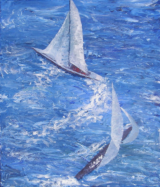 tableau avec des bateaux en couleurs ,marine, régate de voiliers,peinture originale vendue par l artiste,oeuvre unique,acrylique sur toile,art ,valerie jouve artiste peintre,bleu,jaune,rouge,vert,violet,orange,noir,blanc