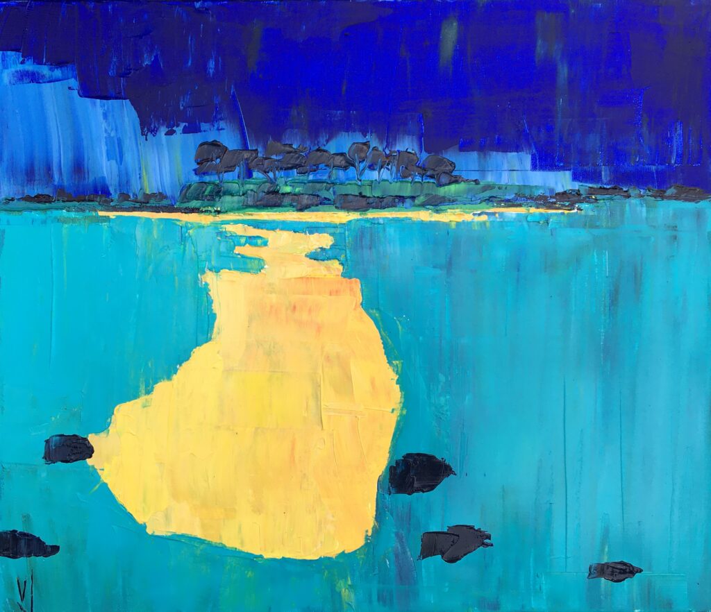 tableau en couleurs ,peinture originale vendue par l artiste,oeuvre unique,acrylique sur toile,île plage mer, marine,paysage de bretagne, golfe du morbihan,valerie jouve artiste peintre,bleu,jaune,rouge,vert,violet,orange,noir,blanc